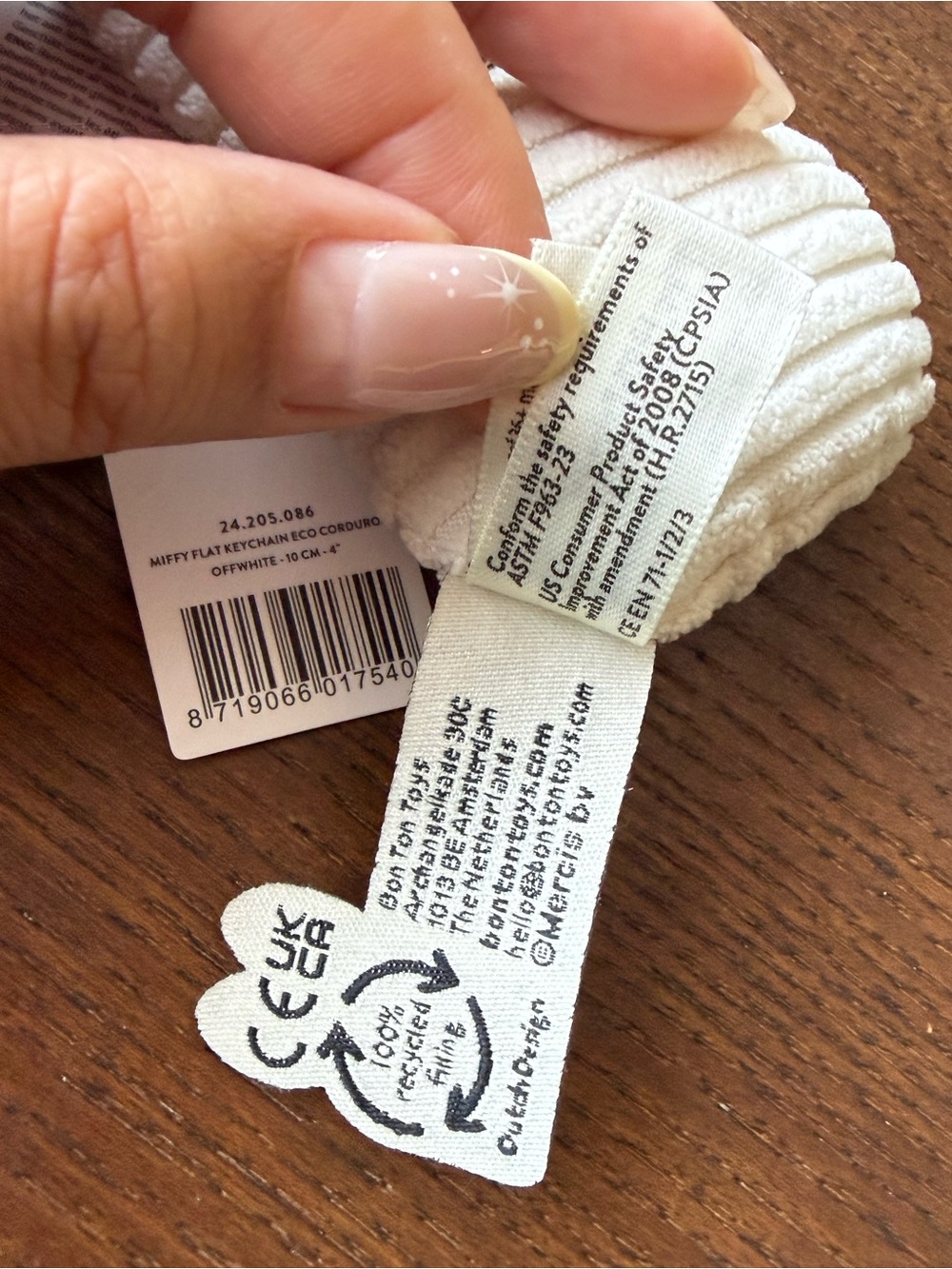 Miffy Bon Ton Toys Flat ECO Corduroy Keychain Bag Charm - Off White - Picture 10 of 11